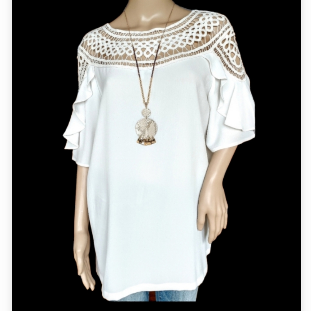 Jodifl Top With Crochet Neckline & Ruffled Sleeves